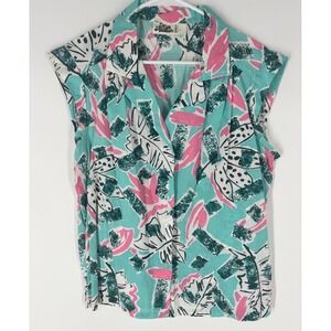 Vintage Womens Hilo Hatties Hawaii Cotton Tropical Sleeveless Camp Shirt XL Twee